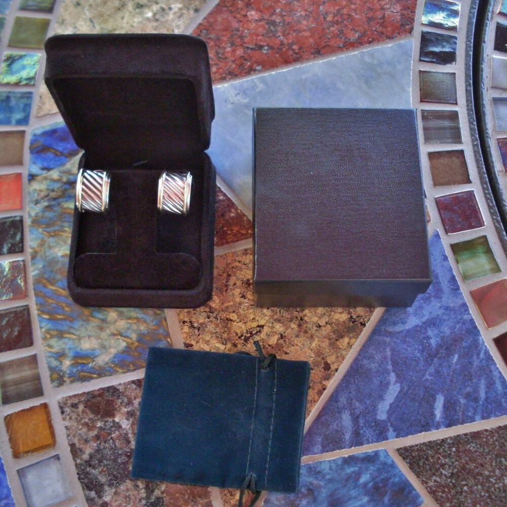 Retired David Yurman Cigar Band Earrings - 14K/925 - Omega Backs - Picture 2 of 7